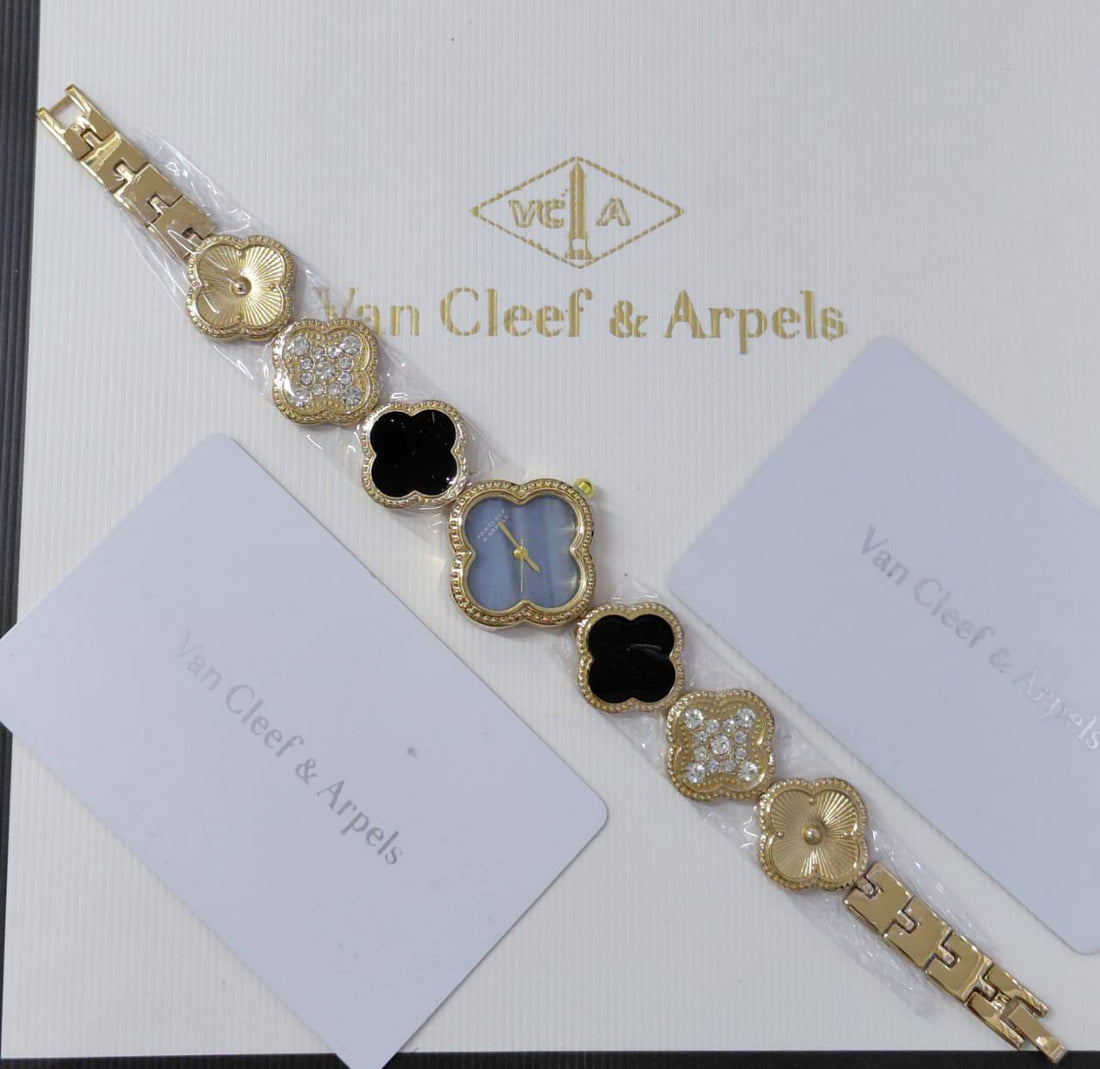 ساعة Van Cleef Alhambra ذهبية - وجه أزرق زهور سوداء